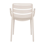 Rear view of the Hill Interiors Moulded Plastic Carver Chair in beige, showing slatted back, curved arms and tapered legs on a white background.