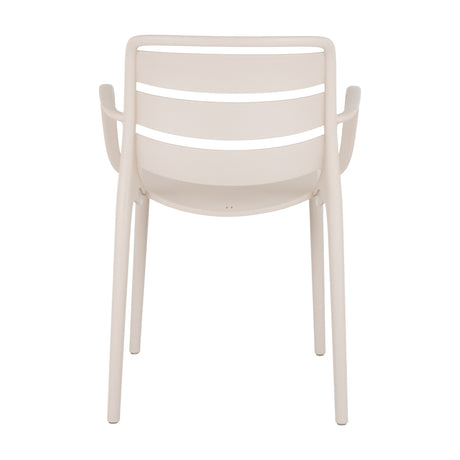 Rear view of the Hill Interiors Moulded Plastic Carver Chair in beige, showing slatted back, curved arms and tapered legs on a white background.