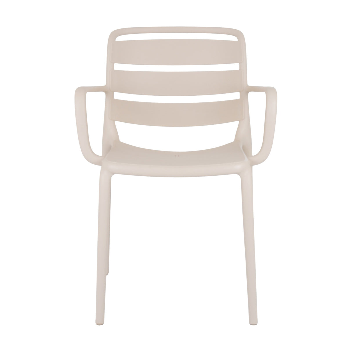 Hill Interiors Moulded Plastic Carver Chair in beige, front view showing slatted back, curved arms and four legs against a plain white background.