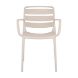 Hill Interiors Moulded Plastic Carver Chair in beige, front view showing slatted back, curved arms and four legs against a plain white background.