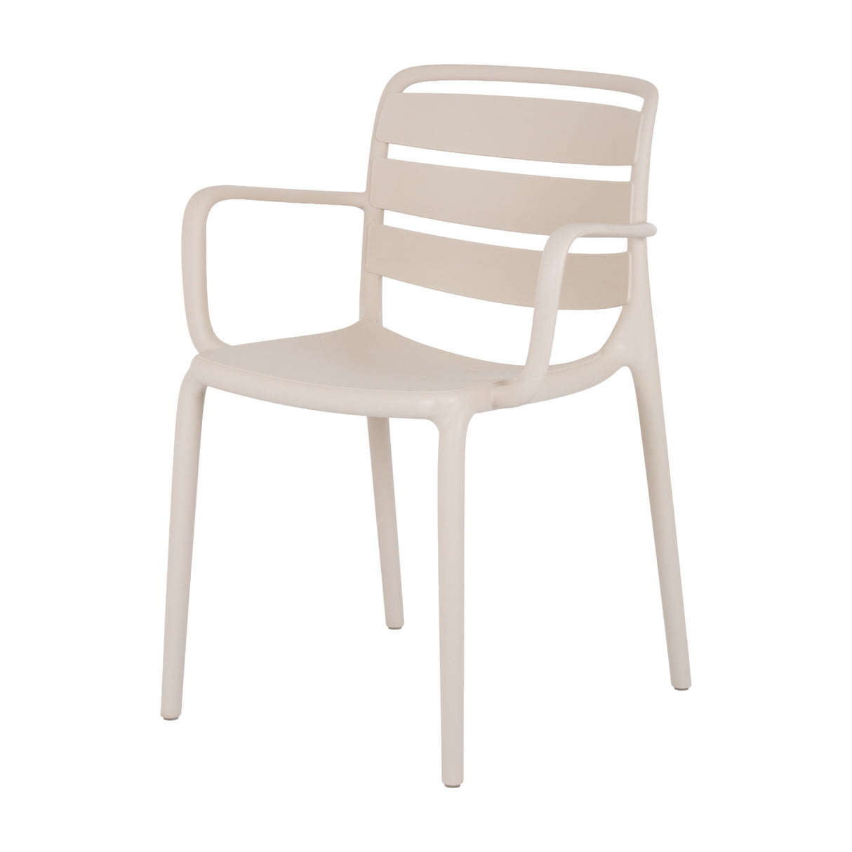 Hill Interiors Moulded Plastic Carver Chair in beige with slatted back, curved armrests and matte finish, shown on a plain white background.