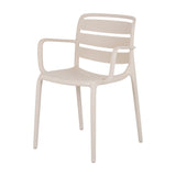 Hill Interiors Moulded Plastic Carver Chair in beige with slatted back, curved armrests and matte finish, shown on a plain white background.