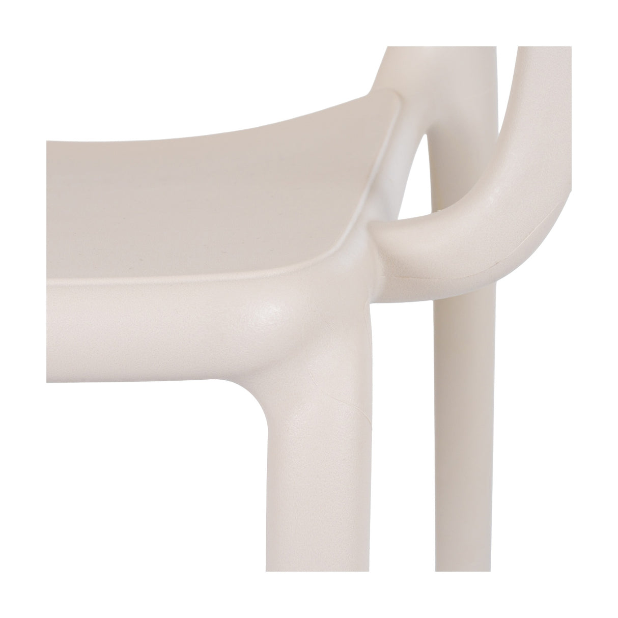 Close-up of the Hill Interiors Moulded Plastic Carver Chair in beige, showing the sculpted arm, seat edge and tapered leg in smooth matte finish.
