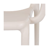 Close-up of the Hill Interiors Moulded Plastic Carver Chair in beige, showing the sculpted arm, seat edge and tapered leg in smooth matte finish.