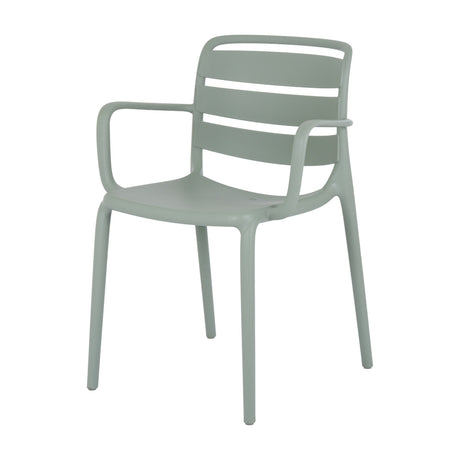 Hill Interiors French Grey Carver Chair with moulded plastic frame, slatted back, curved open armrests and tapered legs on a plain white background.