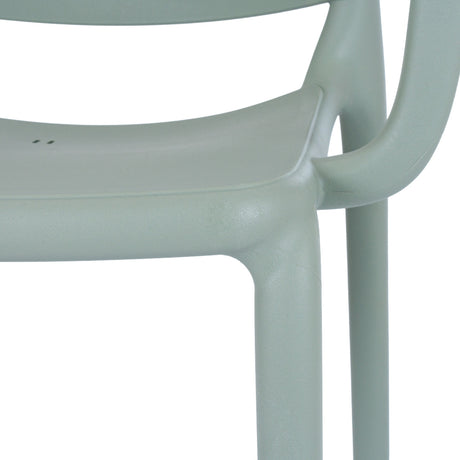 Close-up of the Hill Interiors French Grey Carver Chair showing its moulded plastic seat, curved armrest and tapered leg against a white background.