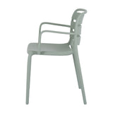 Side view of the Hill Interiors French Grey Carver Chair in moulded grey plastic, showing slatted back, curved armrests and tapered legs on a white background.