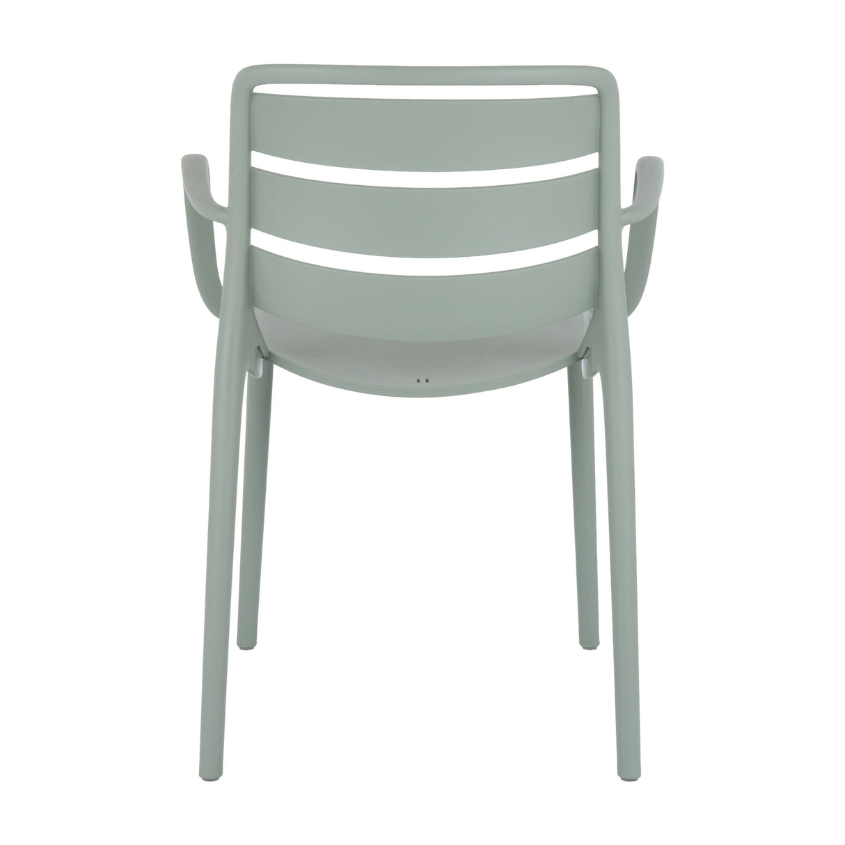 Hill Interiors French Grey Carver Chair rear view, moulded plastic shell with slatted back, curved armrests and four tapered legs on white.