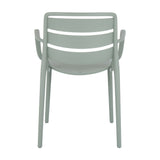 Hill Interiors French Grey Carver Chair rear view, moulded plastic shell with slatted back, curved armrests and four tapered legs on white.