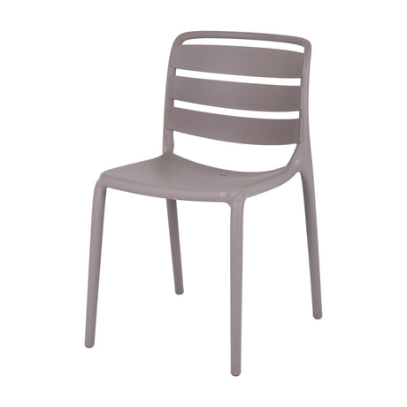 Hill Interiors Stone-Effect Moulded Accent Chair in beige plastic with a slatted back and continuous legs, shown on a plain white background.