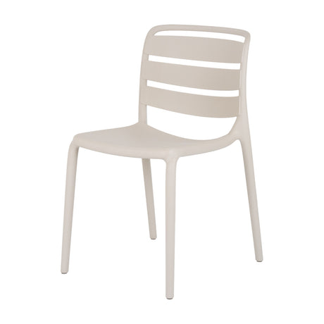Hill Interiors Moulded Accent Chair in beige plastic with a horizontal slatted backrest and slim tapered legs, shown on a plain white background.