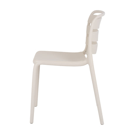Side view of the Hill Interiors Moulded Accent Chair in beige, showing the slatted backrest, curved moulded seat and slim plastic legs on a white background.