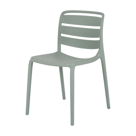 Hill Interiors Moulded Plastic Accent Chair in soft grey with a slatted back and single-sweep seat shell, shown on a plain white background.