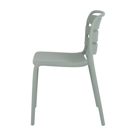 Side view of Hill Interiors Moulded Plastic Accent Chair in grey, showing the slatted back, curved shell seat and slim tapered legs on a white background.