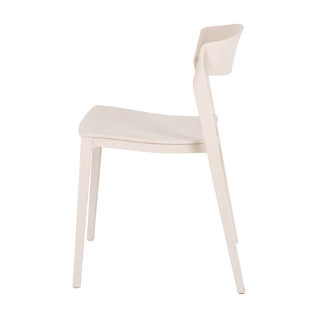 Side view of the Hill Interiors Moulded Accent Chair in beige, showing its curved plastic shell, upright backrest and tapered legs on a white background.
