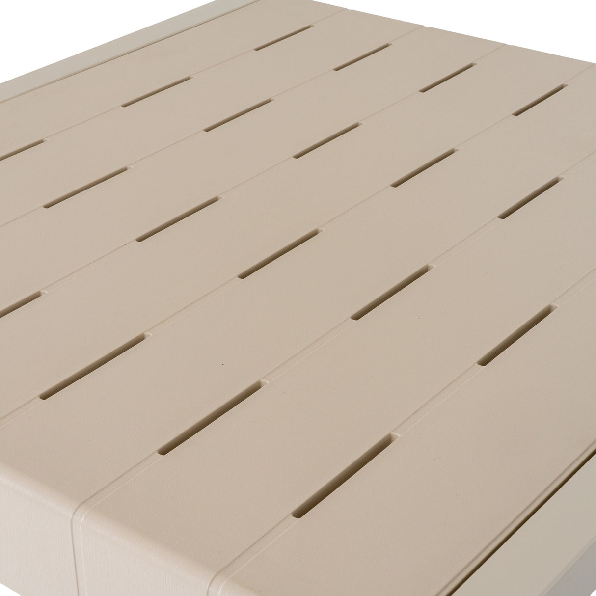 Close-up of the Hill Interiors Cube Side Table in beige, showing the slatted moulded plastic top with a smooth matte finish against a white background.