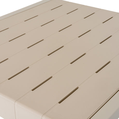Close-up of the Hill Interiors Cube Side Table in beige, showing the slatted moulded plastic top with a smooth matte finish against a white background.