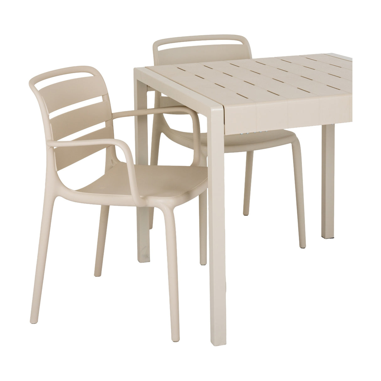 Hill Interiors Cube Side Table in beige with a slatted square top, paired with two matching plastic armchairs on a white background.