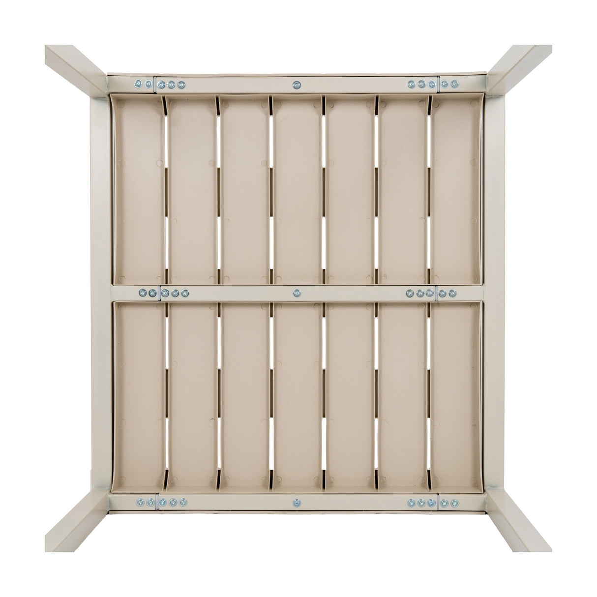 Underside view of the Hill Interiors Cube Side Table in beige, showing slatted plastic panels and metal bolt fixings on a white background.