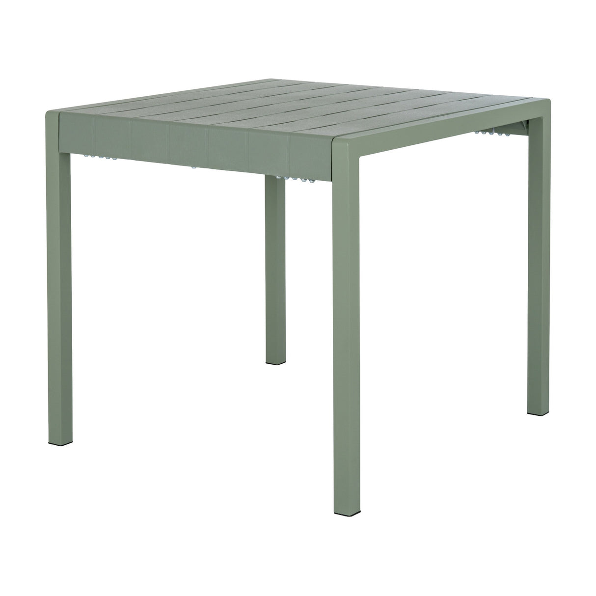 Hill Interiors Cube Side Table in French grey, a square plastic table with a slatted top and slim straight legs in a soft matte finish, on white.