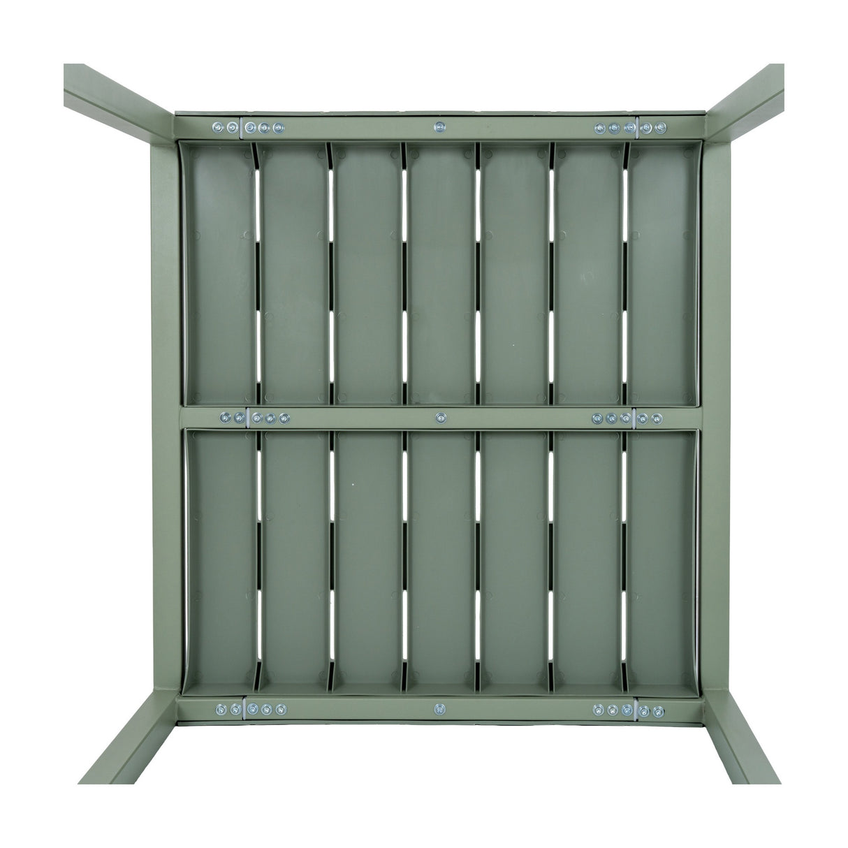 Underside view of the Hill Interiors Cube Side Table in grey plastic, showing slatted panels and bolted metal brackets joining the square frame.