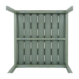 Underside view of the Hill Interiors Cube Side Table in grey plastic, showing slatted panels and bolted metal brackets joining the square frame.