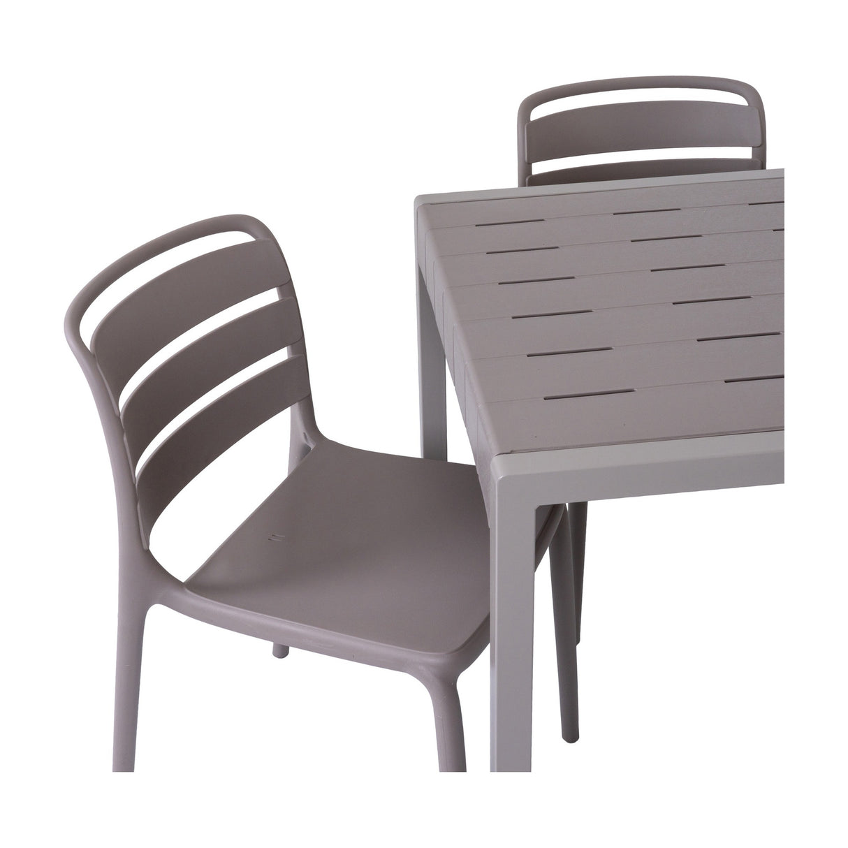 Hill Interiors Stone-Effect Side Table in beige, shown with two slatted chairs against a plain white background.