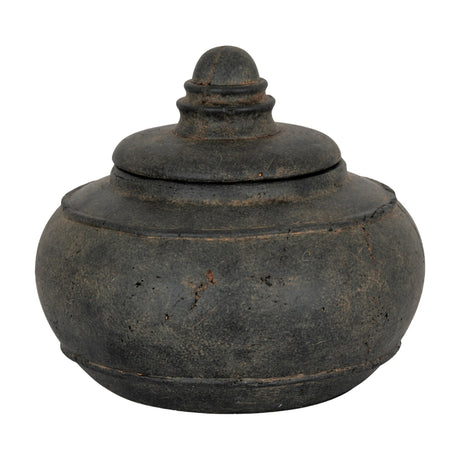 Hill Interiors large black ceramic storage pot with a rounded body, fitted domed lid and tall finial knob, shown against a plain white background.