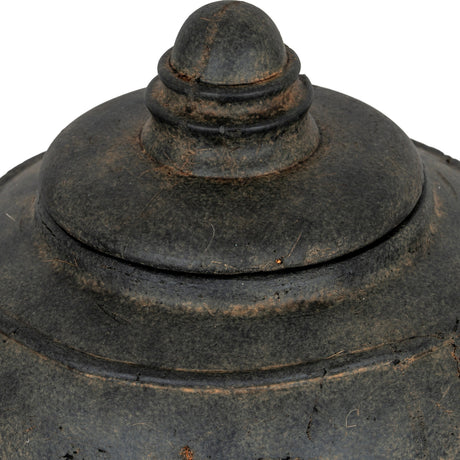 Close-up of the domed lid and turned finial on the Hill Interiors Large Ceramic Pot in aged black glaze, showing its ridged detailing.