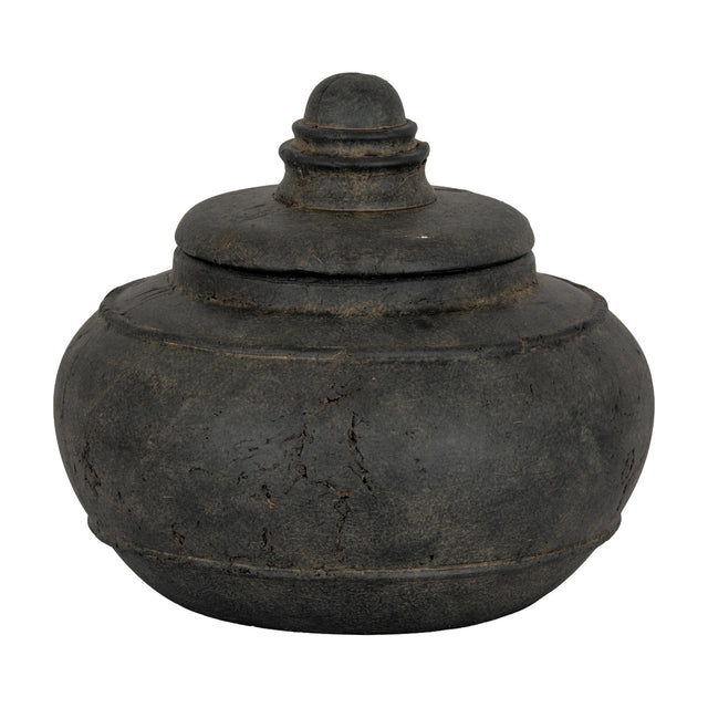 Hill Interiors Medium Ceramic Pot With Lid in matte black, a rounded storage vessel with domed finial lid, shown on a plain white background.