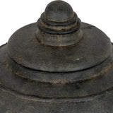 Close-up of the domed lid and rounded finial on the Hill Interiors medium ceramic pot in matte black with a weathered finish.