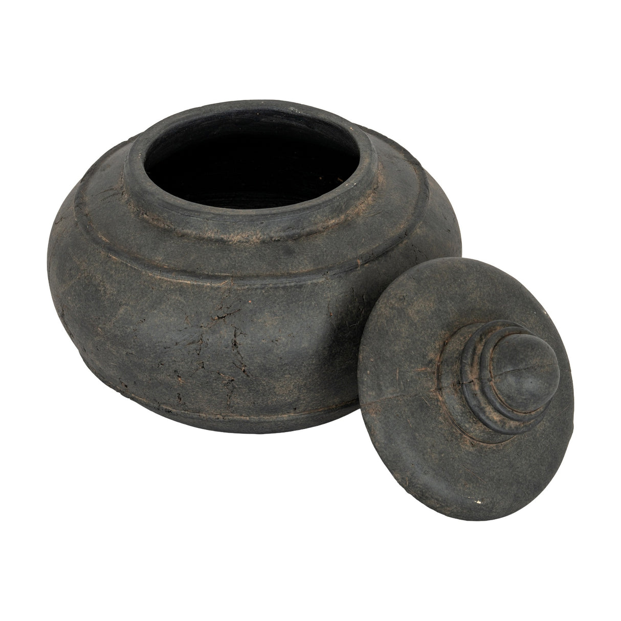 Hill Interiors medium black ceramic storage pot with domed lid removed and set beside the rounded ridged body on a plain white background.