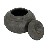 Hill Interiors medium black ceramic storage pot with domed lid removed and set beside the rounded ridged body on a plain white background.
