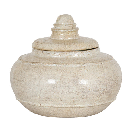 Hill Interiors Large Ceramic Pot with Lid in white, a rounded glazed storage jar with a tiered domed finial, shown on a plain white background.