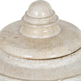 Close-up of the domed lid and tiered finial on the Hill Interiors Large Ceramic Pot in a distressed white glaze with warm speckled tones.