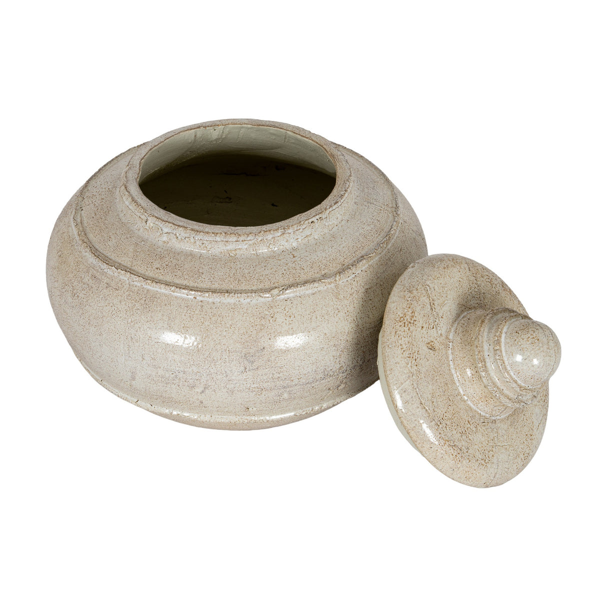 Hill Interiors Large Ceramic Pot with Lid in white glaze, shown with the domed lid detached beside the rounded body on a plain background.