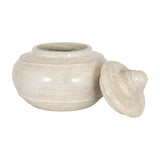 Hill Interiors large white ceramic storage pot with rounded body and domed lid tilted beside it, shown on a plain white background.