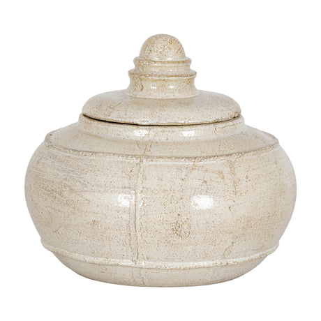 Hill Interiors medium ceramic pot with lid in a distressed white glaze, rounded body and tiered finial, shown on a plain white background.