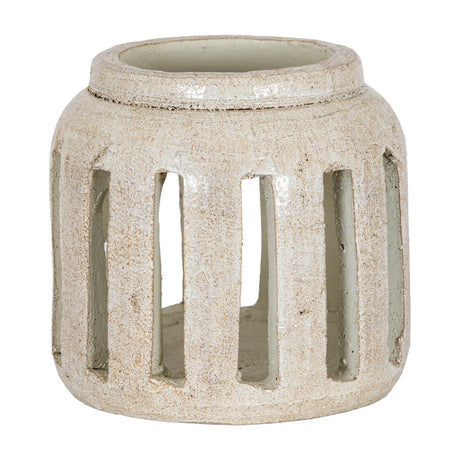 Hill Interiors Medium Ceramic Candle Holder in white with a rounded body and tall vertical cut-out openings, shown on a plain white background.