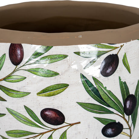 Hill Interiors Medium Olive Ceramic Planter in white with painted green olive branches and dark olives, showing the rounded rim and interior.