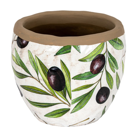 Hill Interiors Small Olive Ceramic Planter in white with green olive branch and dark olive fruit motifs and a natural clay rim, on a plain background.