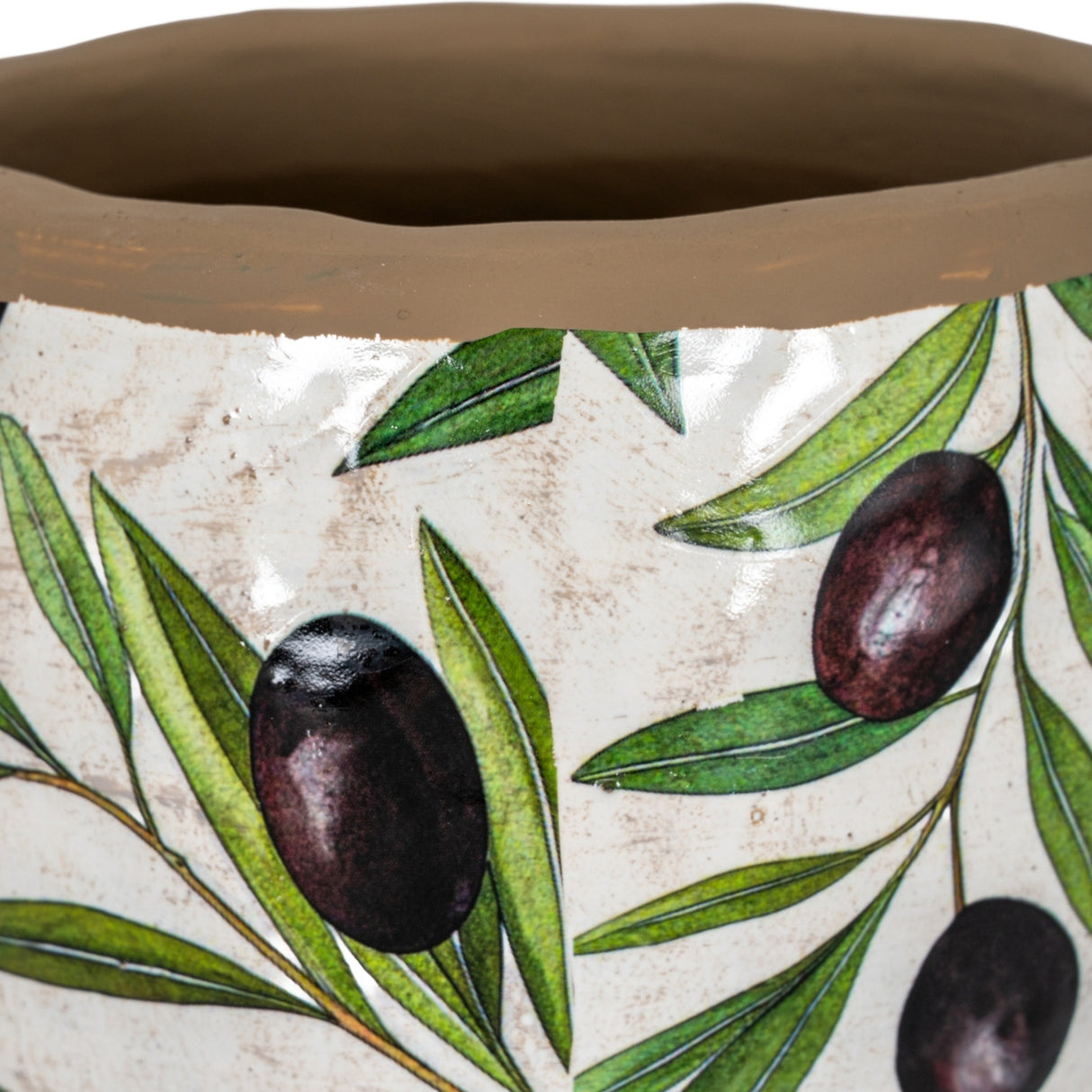 Hill Interiors Small Olive Ceramic Planter in white with painted olive branches and dark olives, showing the glazed rim and wide opening.