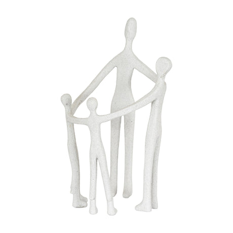 Hill Interiors large white ceramic family sculpture featuring a tall figure with three smaller figures joined by outstretched arms on a plain background.