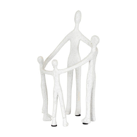 Hill Interiors white ceramic family figurine sculpture showing a tall figure with three smaller figures joined by outstretched arms, on a white background.