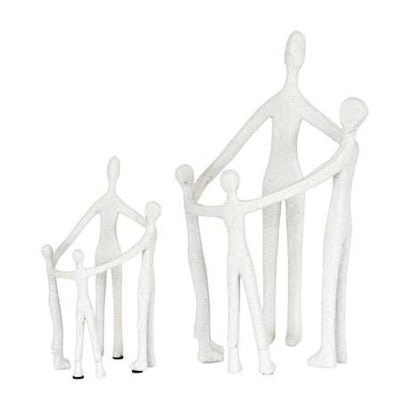 Hill Interiors Family Figurine Sculpture in white ceramic, shown in two sizes with abstract elongated figures grouped together, on a plain white background.