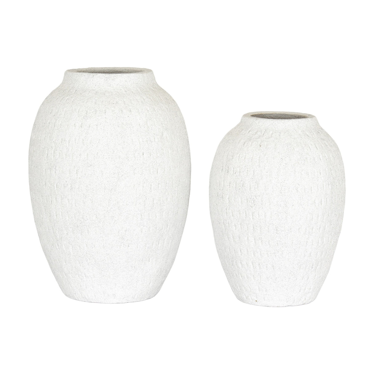 Two Hill Interiors Large Tall Ceramic Vases in white with textured surfaces and tapered necks, shown side by side against a plain white background.