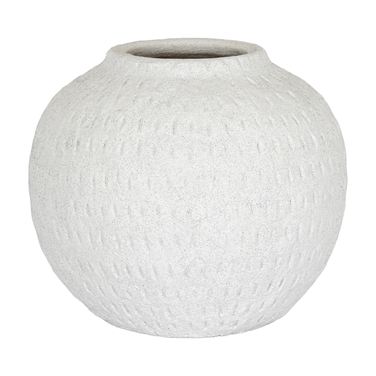 Hill Interiors Large Round Ceramic Vase in white with a textured chalky finish, full-bodied rounded shape and narrow neck, on a plain white background.