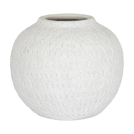 Hill Interiors Large Round Ceramic Vase in white with a textured chalky finish, full-bodied rounded shape and narrow neck, on a plain white background.