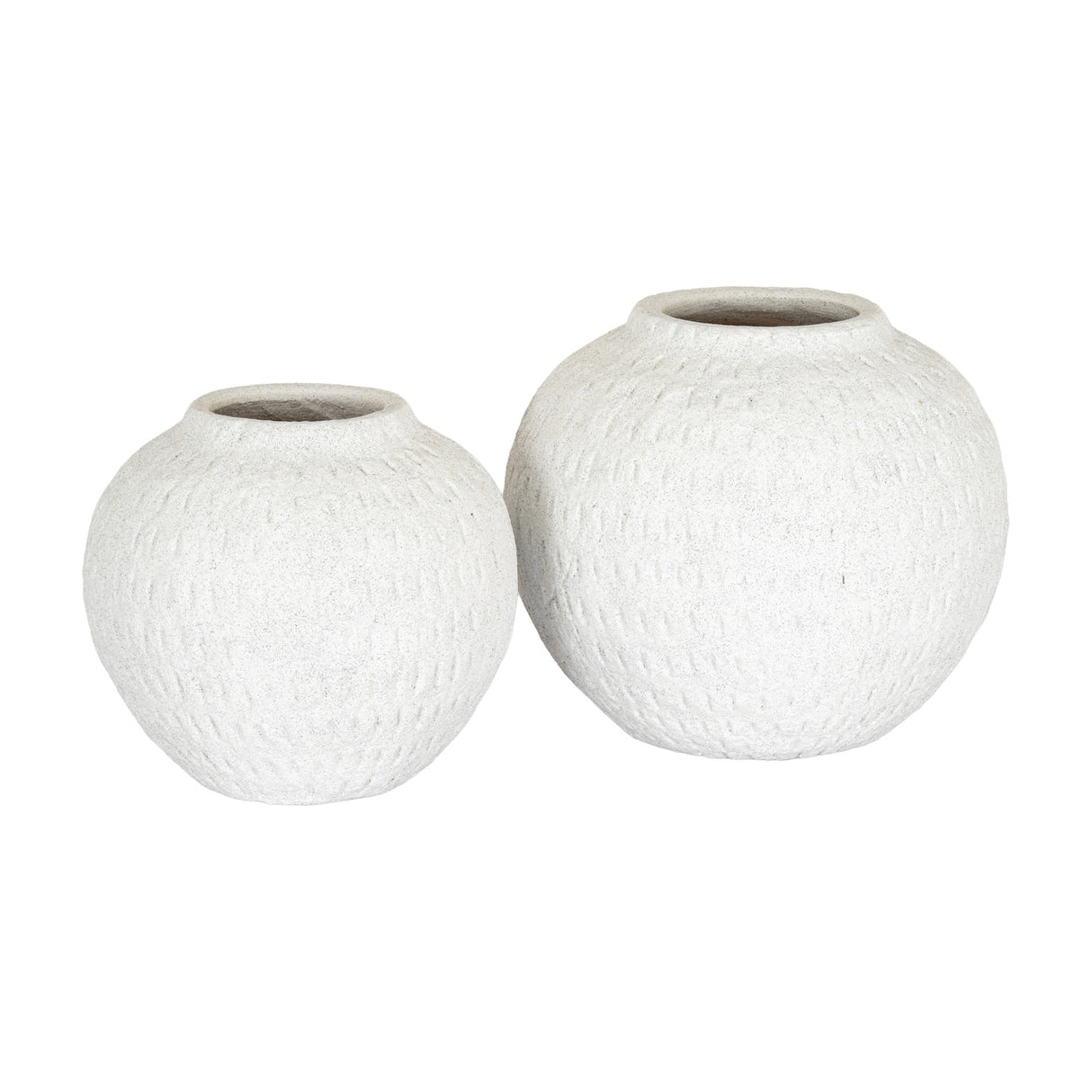 Hill Interiors Large Round Ceramic Vase in white shown alongside a smaller matching vase, both with chalky textured finishes on a plain background.