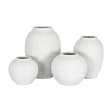 Hill Interiors Large Round Ceramic Vase in white shown in four sizes with textured chalky finish and rounded tapered forms on a plain background.